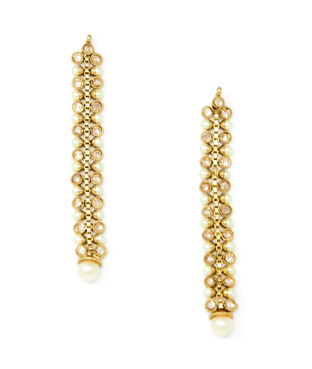 Gold Long Dangling Earrings With Embedded Stones and Pearls