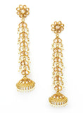 Gold Long Dangling Jhumka Earrings With Embedded Stones and Pearls
