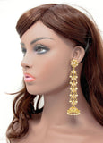 Gold Long Dangling Jhumka Earrings With Embedded Stones and Pearls