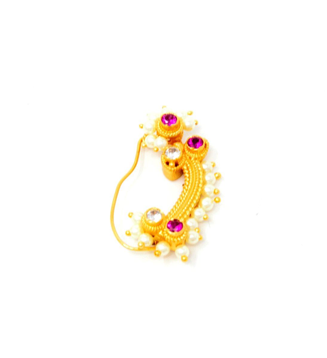Gold Marathi Nose Ring with Embedded White and Blue Stones