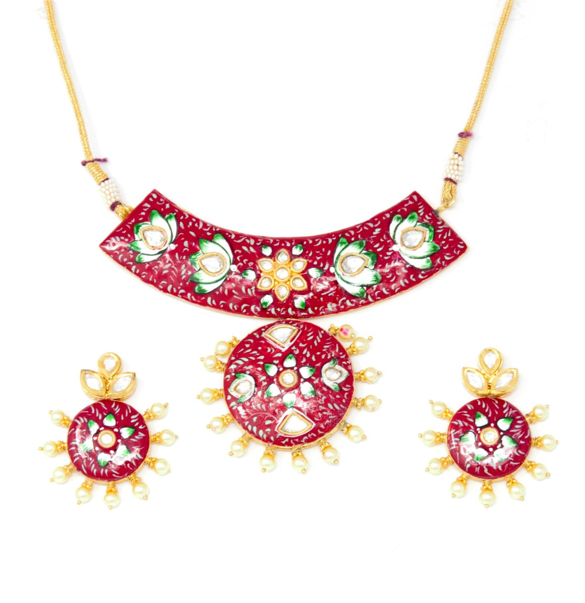 Maroon Meenakari Gold Necklace Set with Earrings