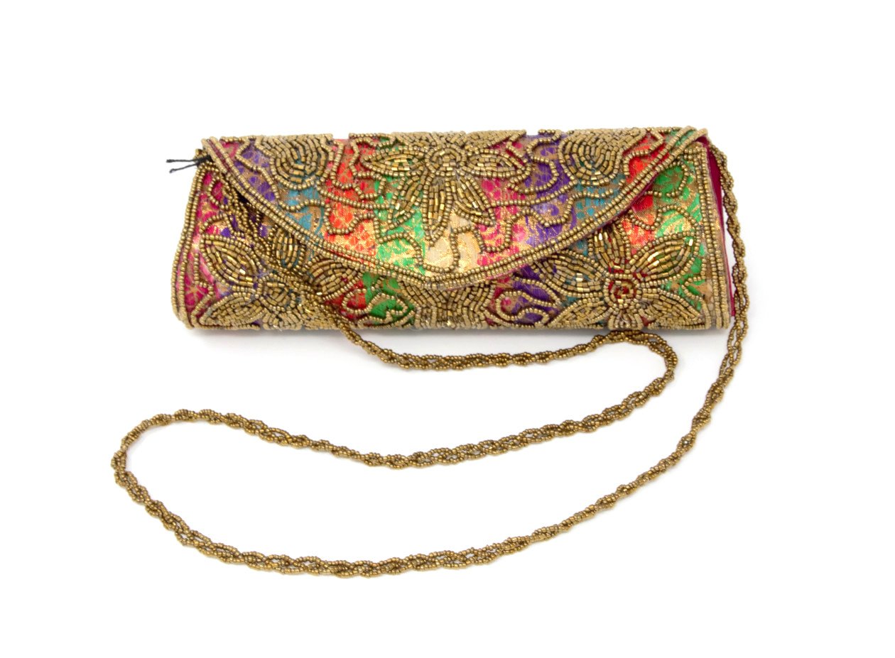 Multi-Color Handmade Gold Color Cutdana Embroidery Handbag