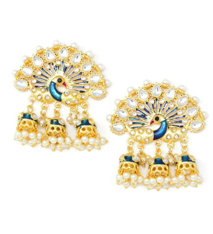 Peacock Design Jhumkas With Embedded Kundan Blue Meenakari Gold Earrings