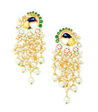 Peacock Design Blue Meenakari with Pearls Fringe Gold Earrings