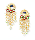 Peacock Design Red and Green Meenakari with Pearls Fringe Gold Earrings