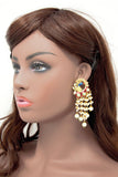 Peacock Design Red and Green Meenakari with Pearls Fringe Gold Earrings