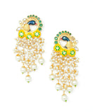 Peacock Design Yellow and Green Meenakari with Pearls Fringe Gold Earrings