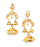 Gold Jhumka Earrings With Pearl Drops and Embedded Stones