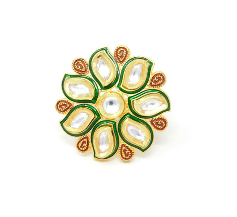 Gold Kundan Flower Ring With Red and Green Carvings