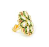 Gold Kundan Flower Ring With Red and Green Carvings