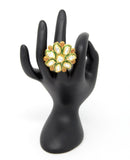 Gold Kundan Flower Ring With Red and Green Carvings