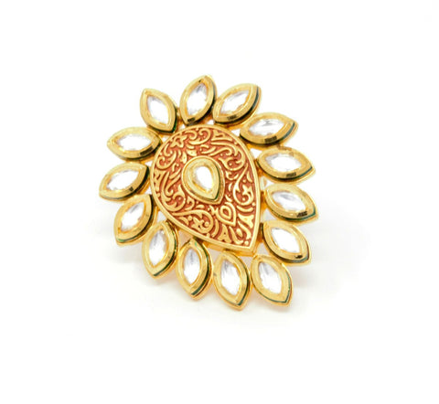 Gold Color Leaf Style Kundan Ring With Red Carving Around Centered Kundan