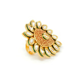 Gold Color Leaf Style Kundan Ring With Red Carving Around Centered Kundan