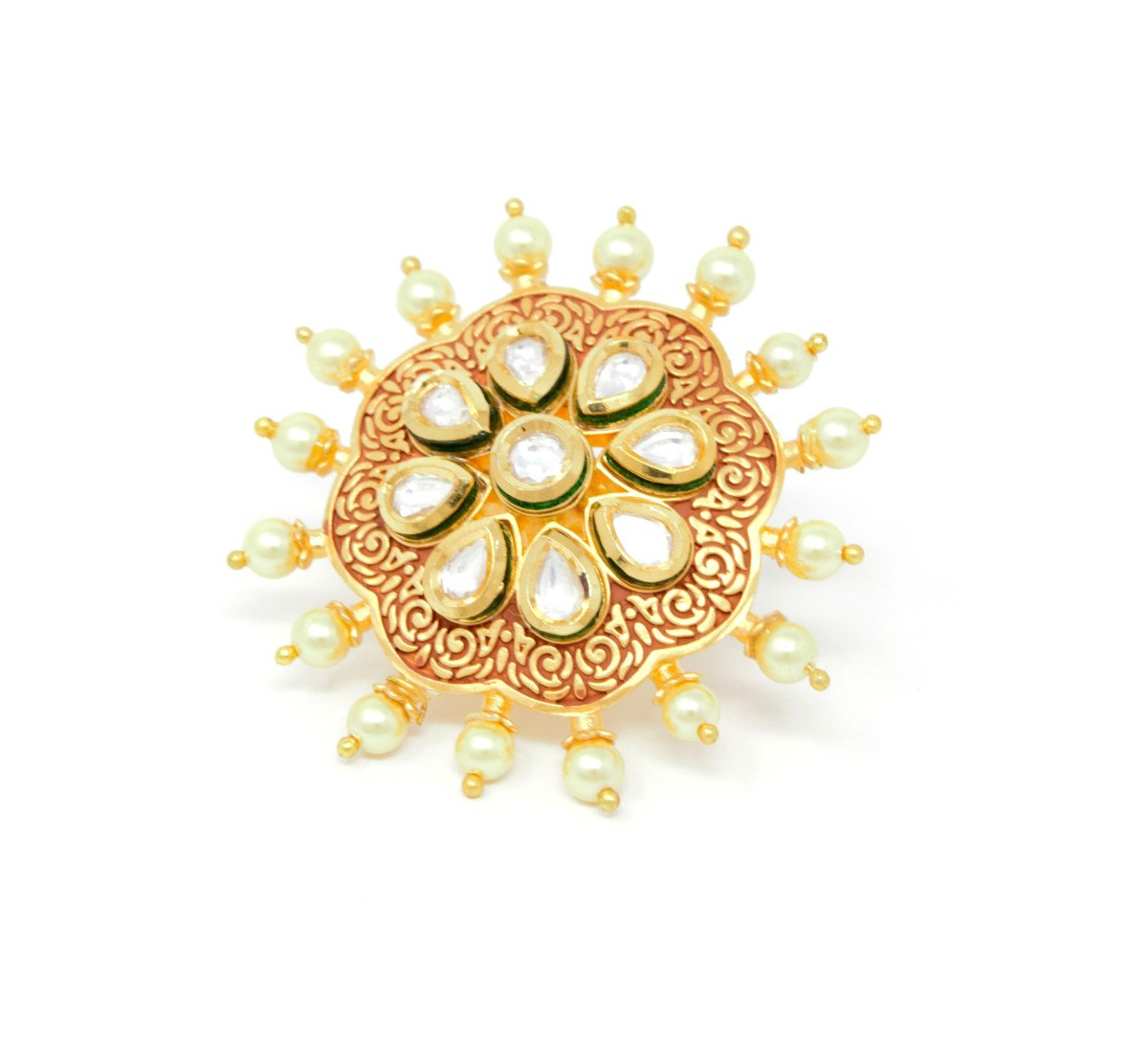 Gold Kundan Ring With Red Carvings and Pearl Stones Around
