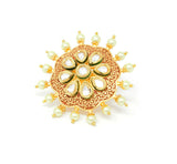 Gold Kundan Ring With Red Carvings and Pearl Stones Around