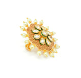 Gold Kundan Ring With Red Carvings and Pearl Stones Around