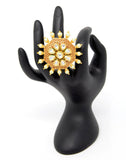 Gold Kundan Ring With Red Carvings and Pearl Stones Around