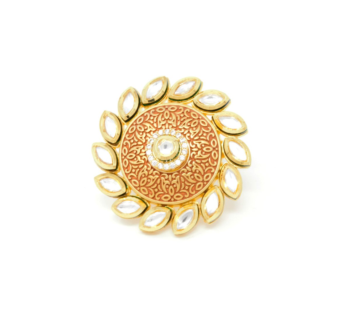 Gold Kundan Ring With Centered Embedded White Stones around Kundan and Red Carvings