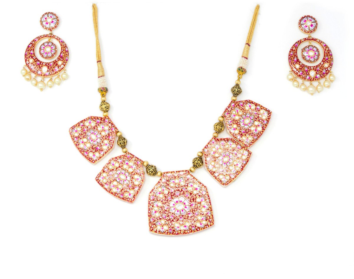 Red Meenakari Necklace Set with Earrings