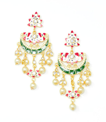 Red and white Meenakari Chandbali with Kundan Work and Dangling Pearls Earrings