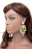 Red and white Meenakari Chandbali with Kundan Work and Dangling Pearls Earrings