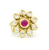 Gold Kundan Small Ring With Centered Pink Color Stone