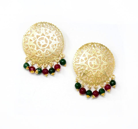 Gold Stud Earrings With Red and Green Bead Drops