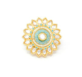 Gold Kundan Ring With Turquoise Blue Carvings around Centered Embedded Kundan and White Stones