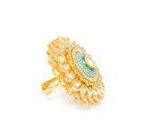 Gold Kundan Ring With Turquoise Blue Carvings around Centered Embedded Kundan and White Stones