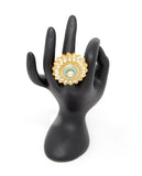 Gold Kundan Ring With Turquoise Blue Carvings around Centered Embedded Kundan and White Stones