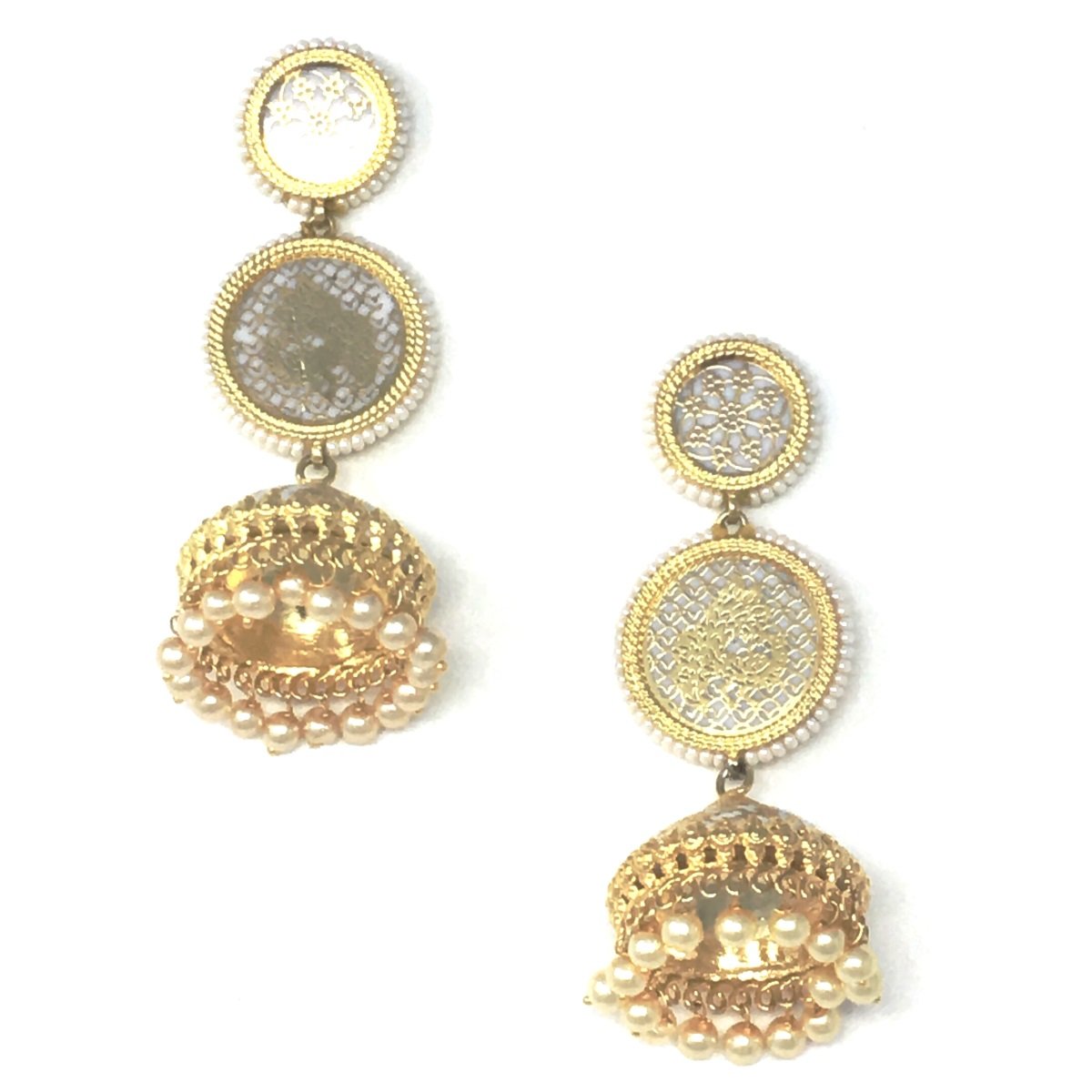 Gold White Color Dangle Drop Jhumka Pearl Beads Earrings