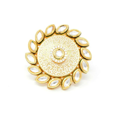 Gold Kundan Ring With Centered Embedded White Stones around Kundan and White Carvings