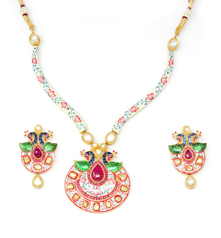 Gold Meenakari Kundan Peacock Design White Color Necklace Set With Earrings