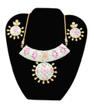 White and Pink Meenakari Gold Necklace Set with Earrings