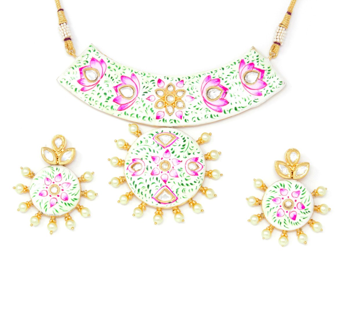 White and Pink Meenakari Gold Necklace Set with Earrings