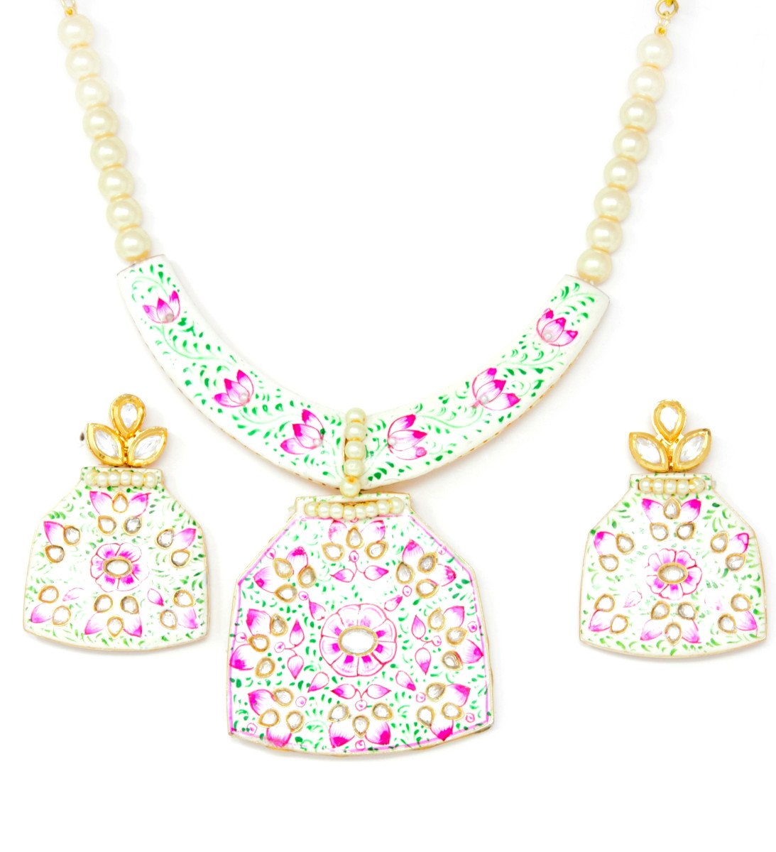 White Meenakari Gold Necklace Set with Earrings