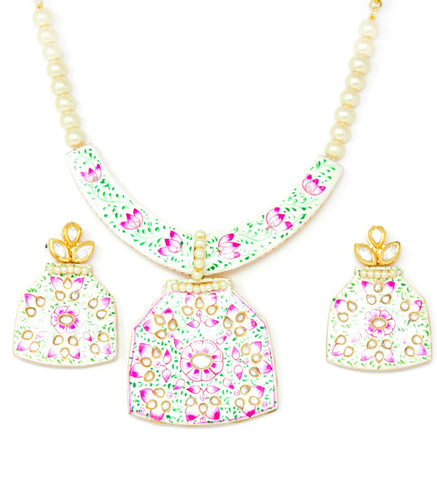 White Meenakari Gold Necklace Set with Earrings