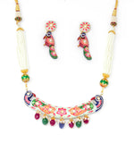White Meenakari Peacock Design Gold Necklace Set with Earrings