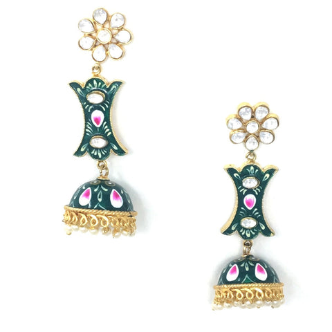 Green Meenakari Jhumka Earrings
