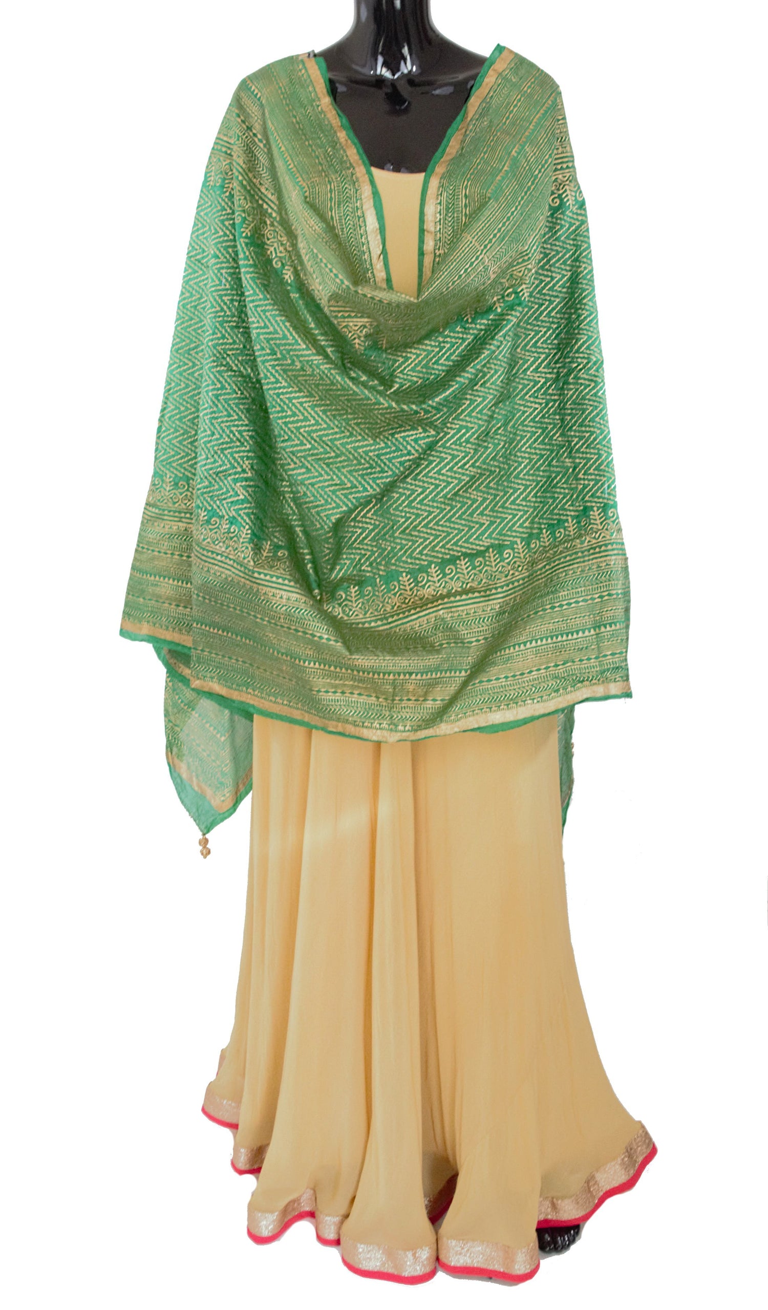 Green Color Dupatta With Golden Pattern