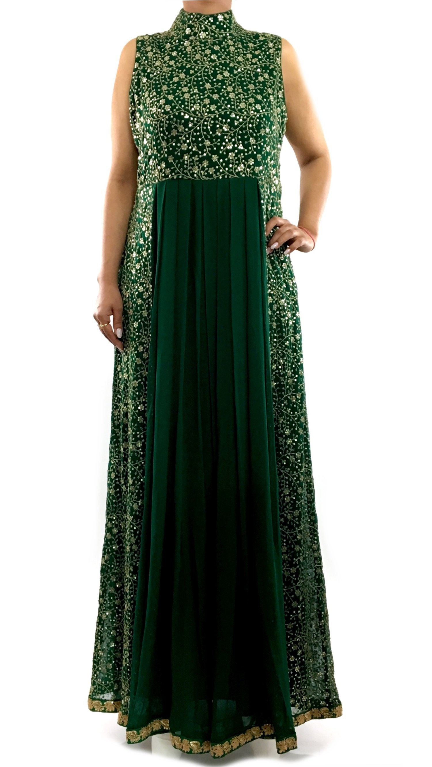 Green Color High Neck Gown Suit with golden floral work