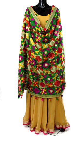 Green Color Phulkari Dupatta With Mirror Work and Pom Pom