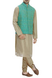 Green Raw Silk Embroidered Nehru Jacket Bandhgala Waistcoat Bandi