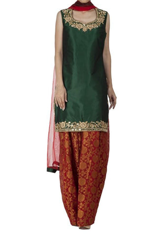 Green Silk Short Shirt With Patiala Salwar
