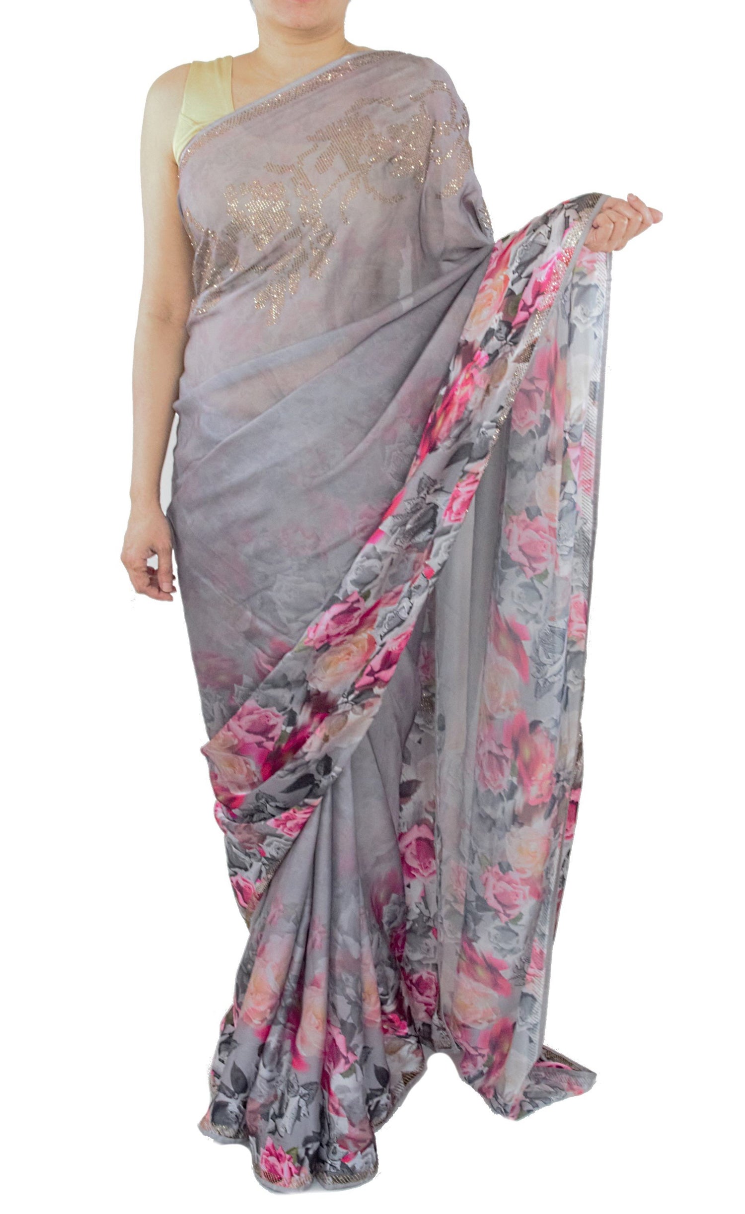 Grey Color Floral Silk Saree With Swarovski Crystals Work