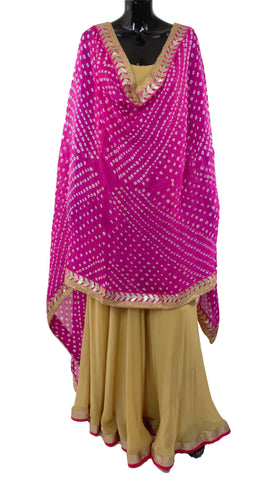 Hot Pink Color Bandhani Dupatta With Golden Border