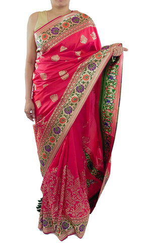 Hot Pink Color Banarsi Saree With Floral Border