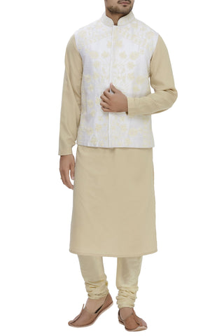 Ivory Raw Silk Embrodered Nehru Jacket Bandhgala Waistcoat Bandi