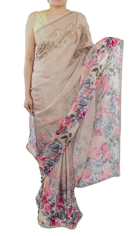 Light Coffee Color Floral Silk Saree With Swarovski Crystals Work