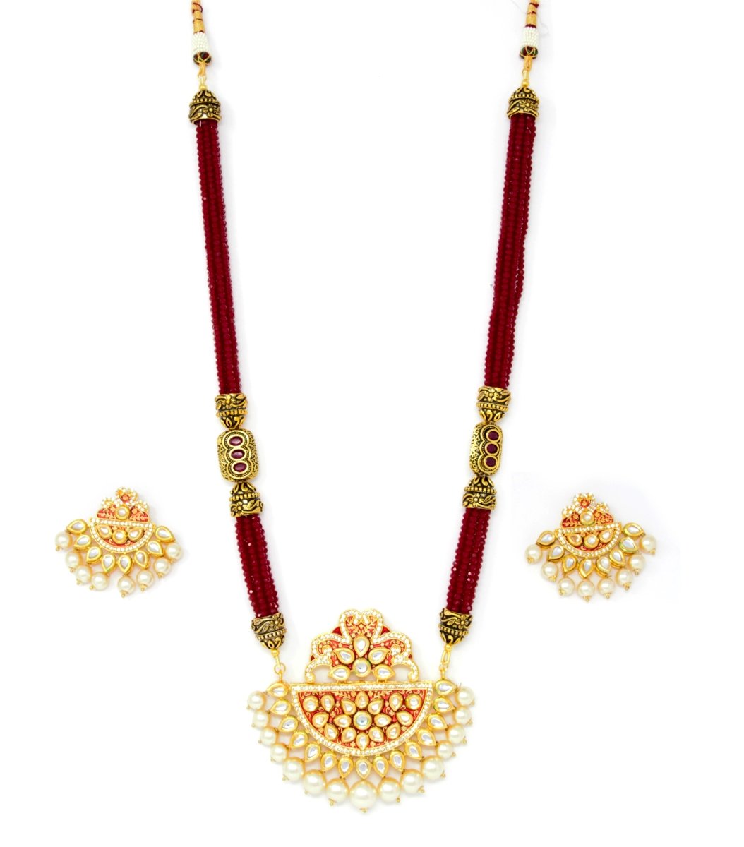 Maroon Layered Beads Gold Kundan Pendant Long Necklace With Pearl Drops